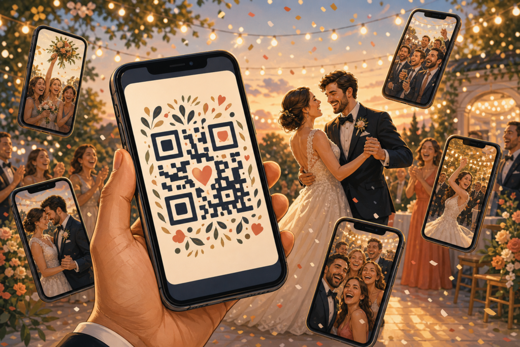 Fotografije uživo putem QR koda na venčanju prikazane na telefonima gostiju